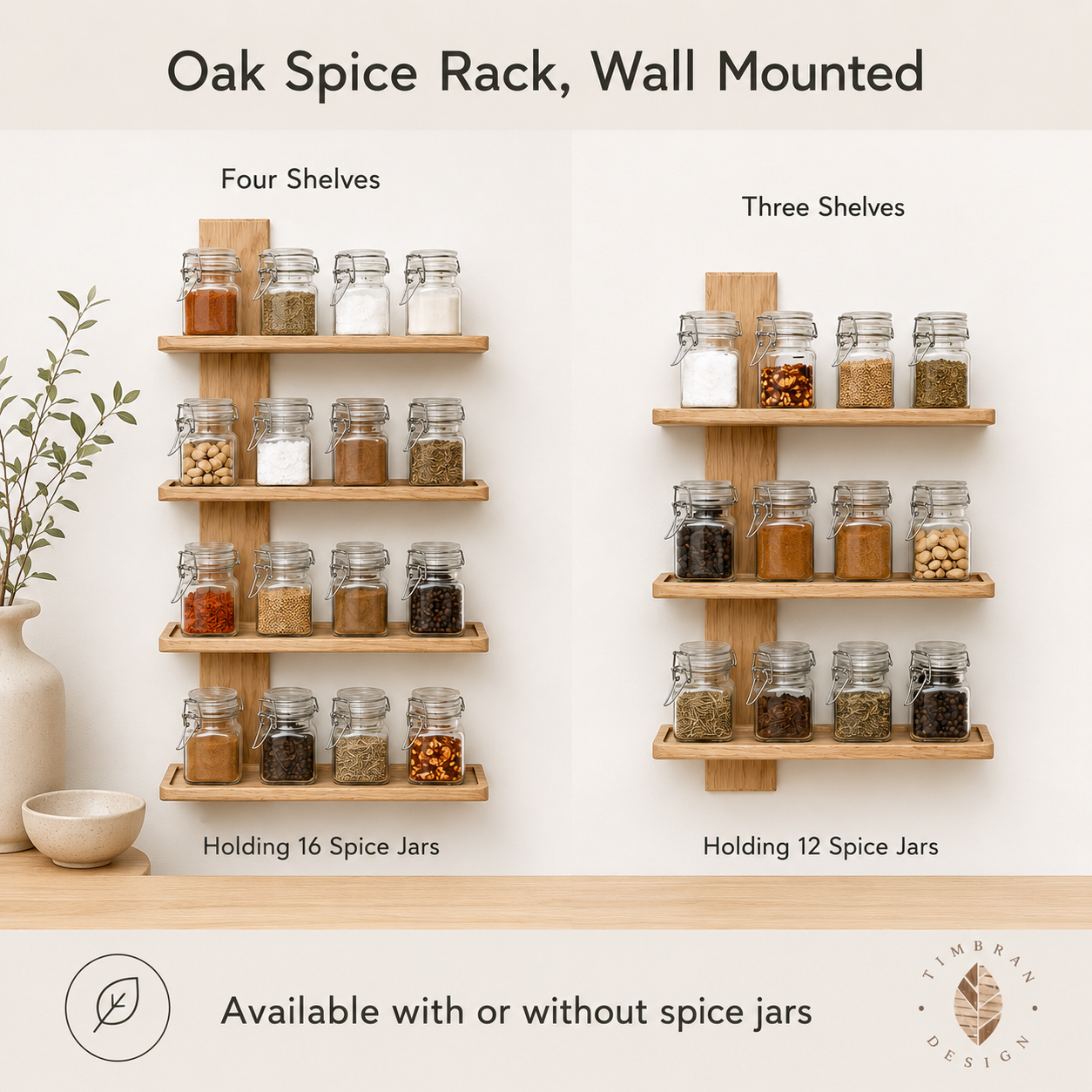 Oak Spice Rack, Wall Mounted available with Three or  Four Shelves.
