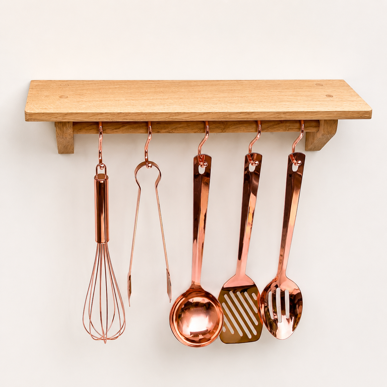 Kitchen Utensil Rail with Shelf, Wall Mounted in Oak