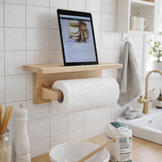 Wall mounted kitchen roll holder with iPad shelf