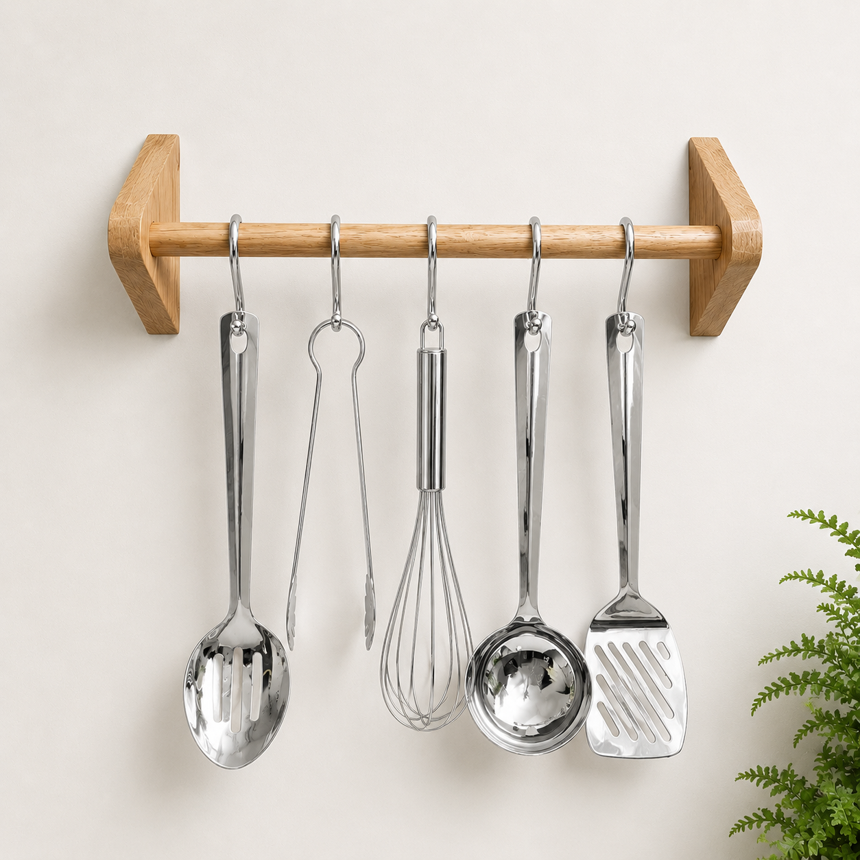 Oak Kitchen Utensil Rail, Wall Mounted with chrome utensil hooks