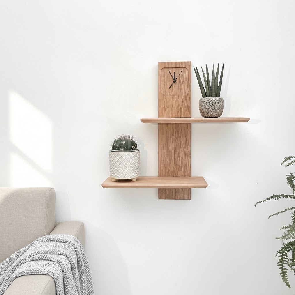 Double Solid Oak Wall Shelves with Wall Clock Combination