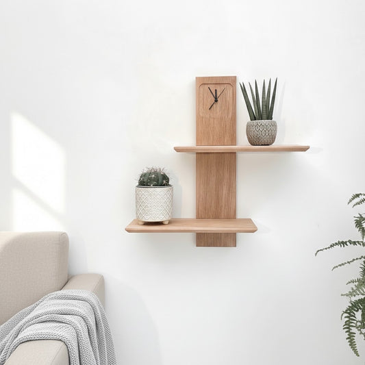 Double Solid Oak Wall Shelves with Wall Clock Combination