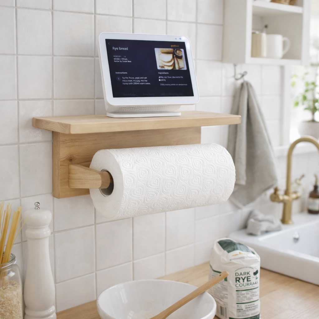 Wall mounted kitchen roll holder with alexa shelf