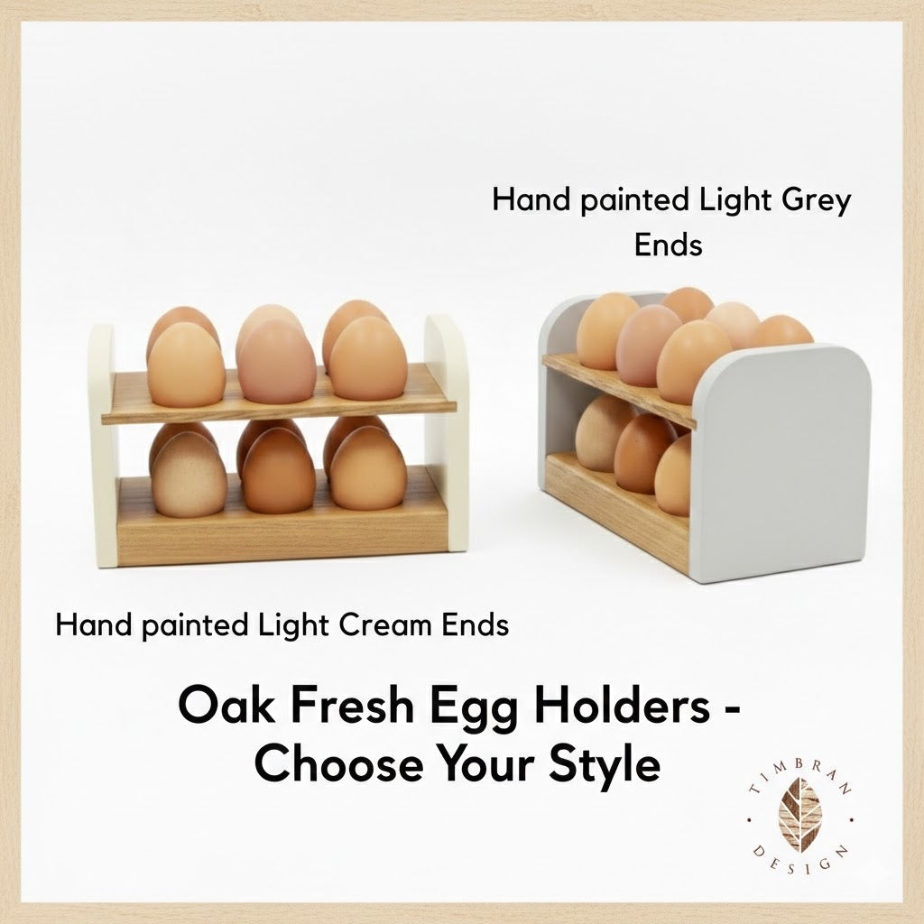 Solid oak fresh egg holder, available in light cream or light grey. Holds 12 fresh eggs.