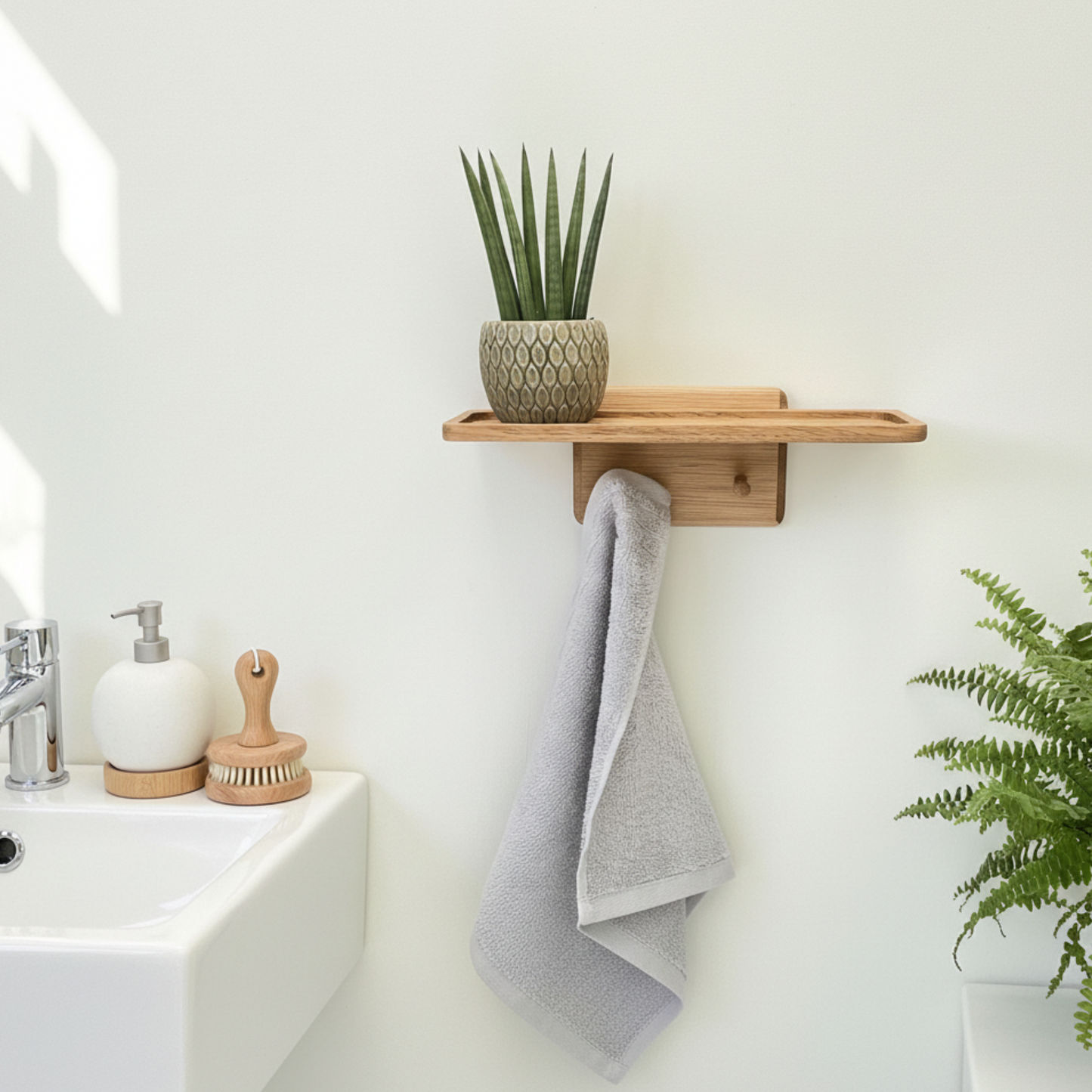 Bathroom Shelf with Shaker Style Towel Pegs in Oak