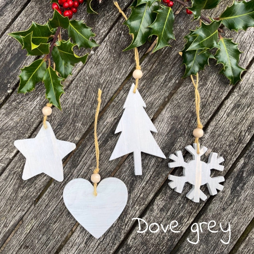 Handmade grey wooden Christmas tree decorations