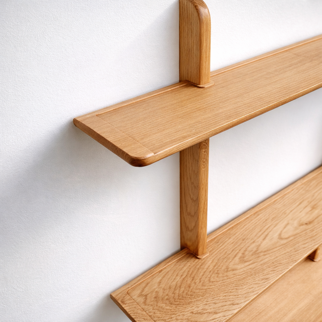 Solid oak wall shelf unit close up detail