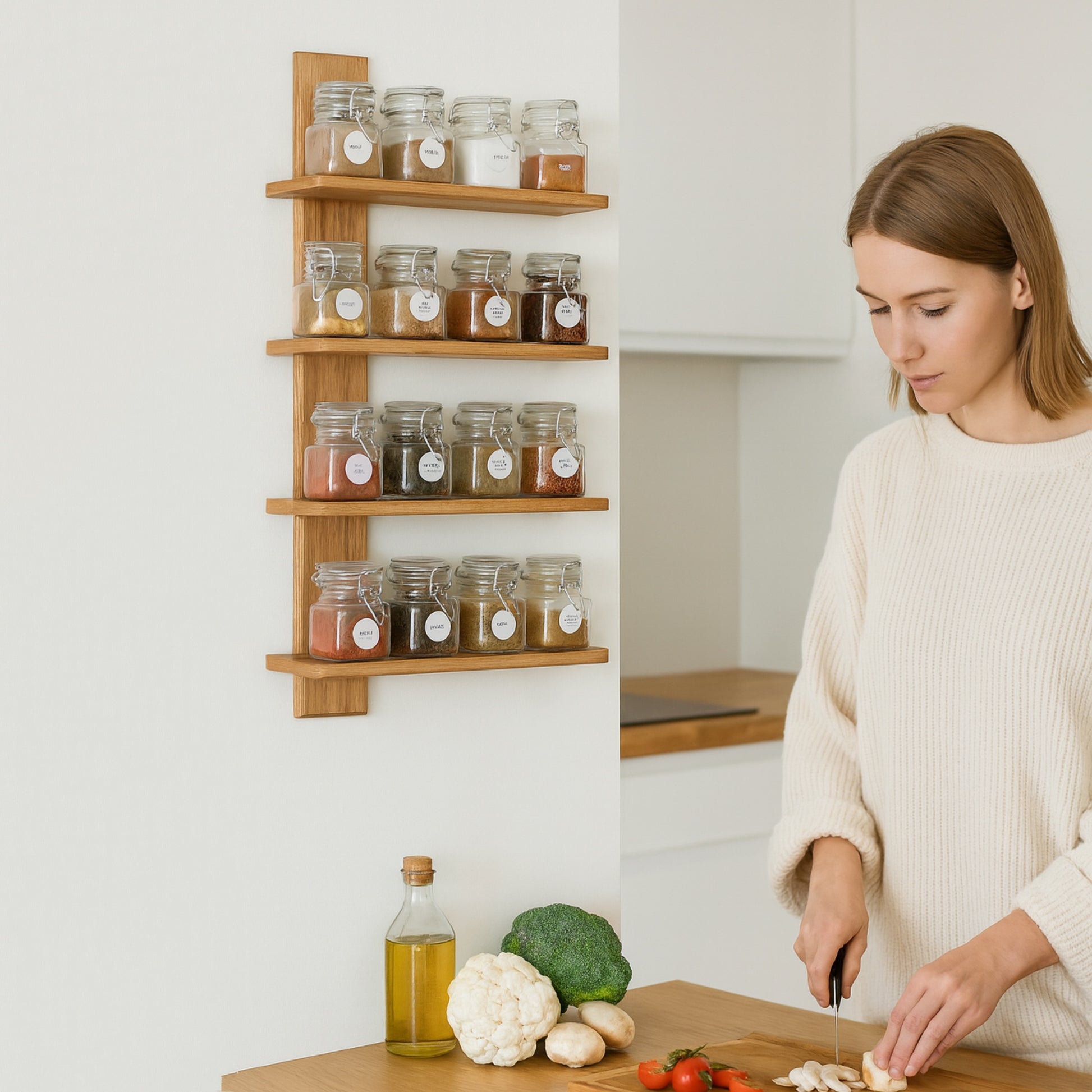 Oak spice rack with spice jars, wall mounted, four shelves