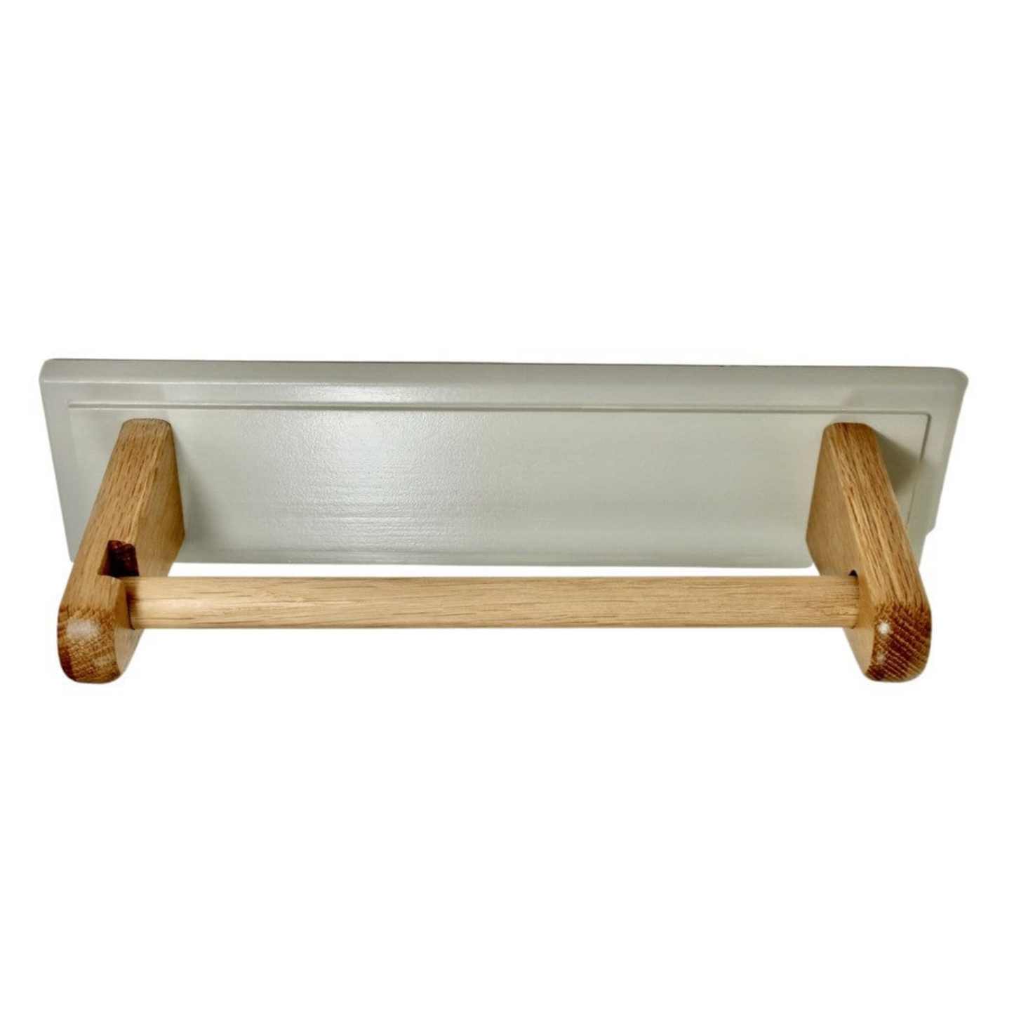 Handmade solid oak wall mounted kitchen roll holder, hand painted in light grey