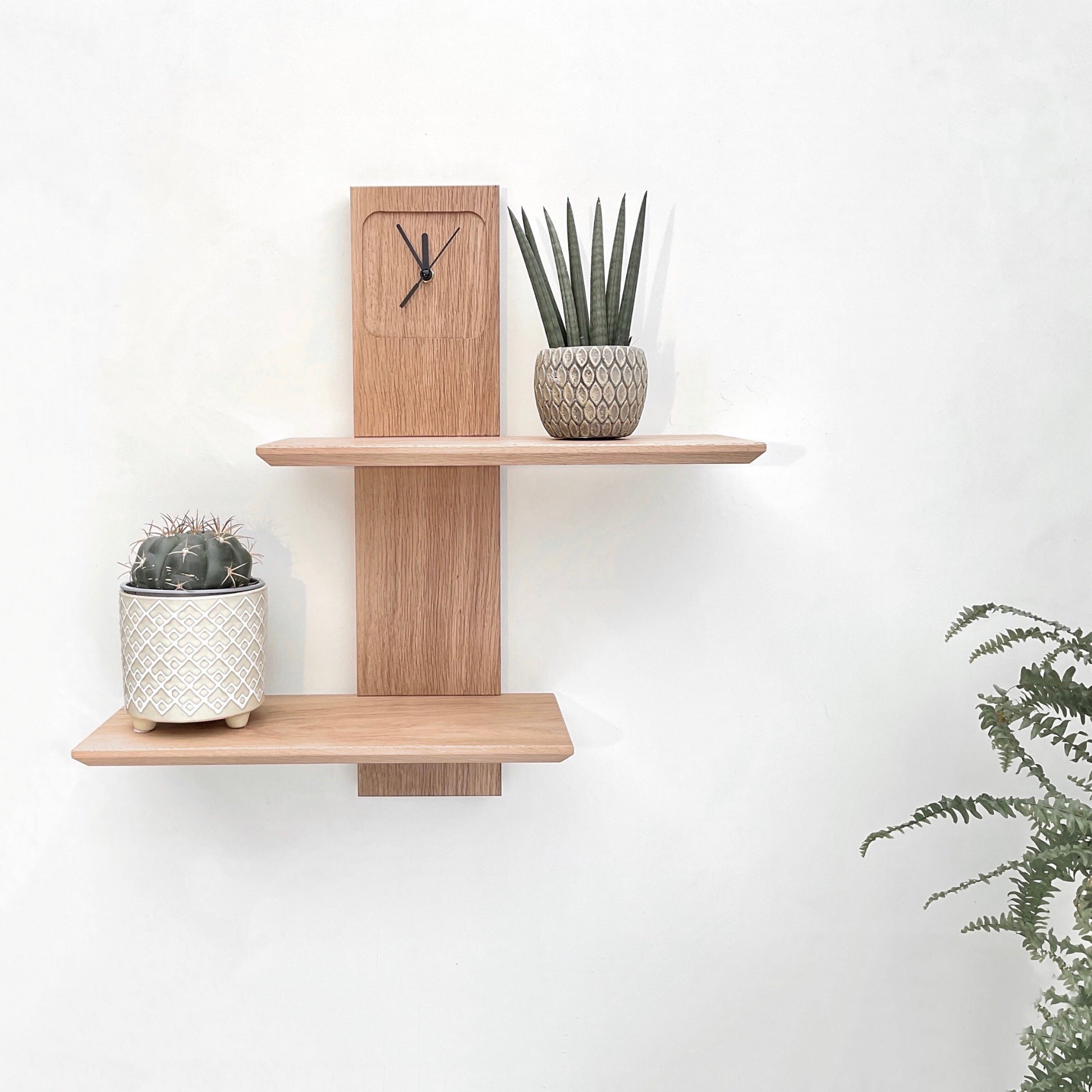 Double Oak Wall Shelves with Wall Clock Combination