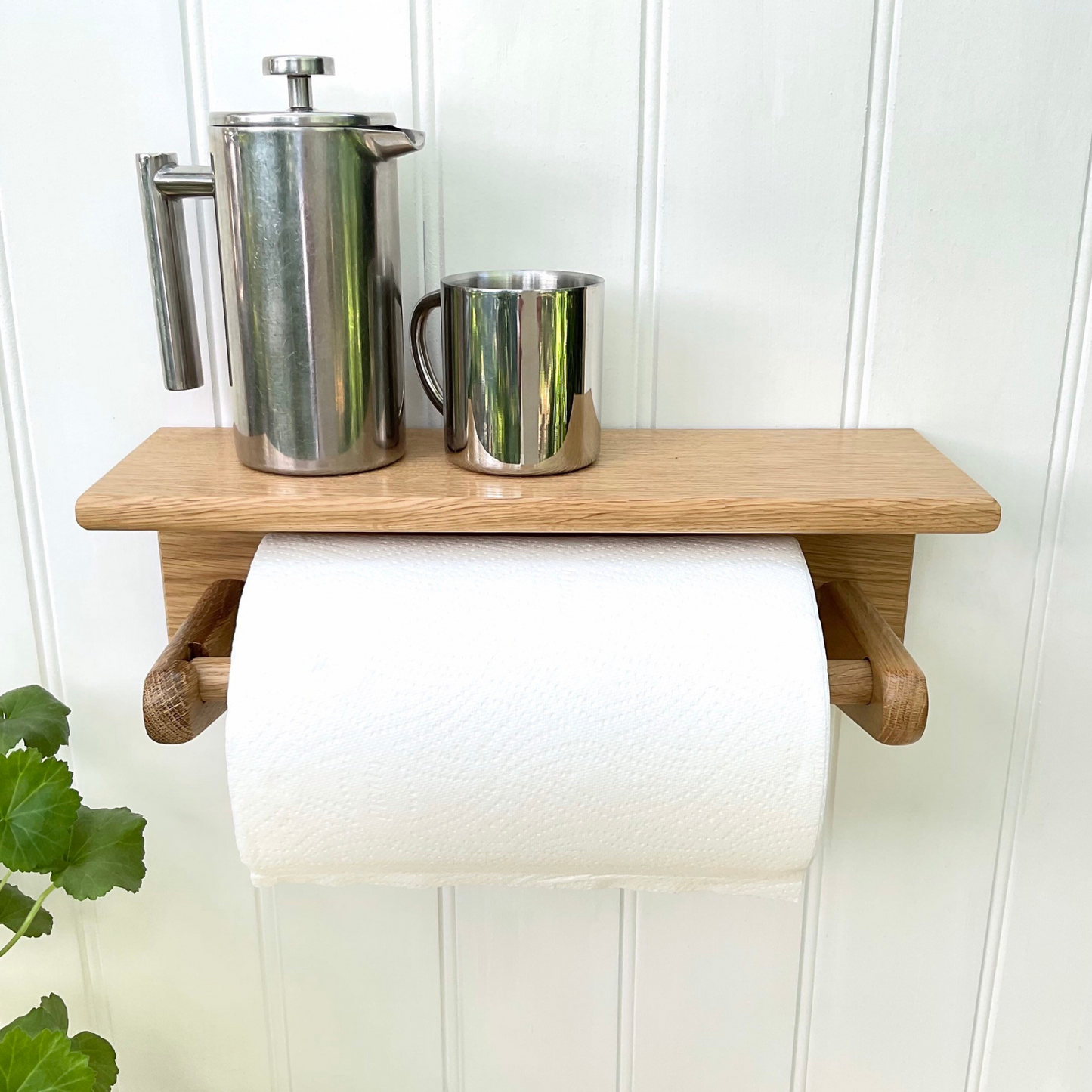 Kitchen roll holder with shelf wall mounted in oak