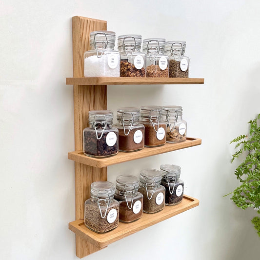 Oak Spice Rack, Wall Mounted with Three Shelves.