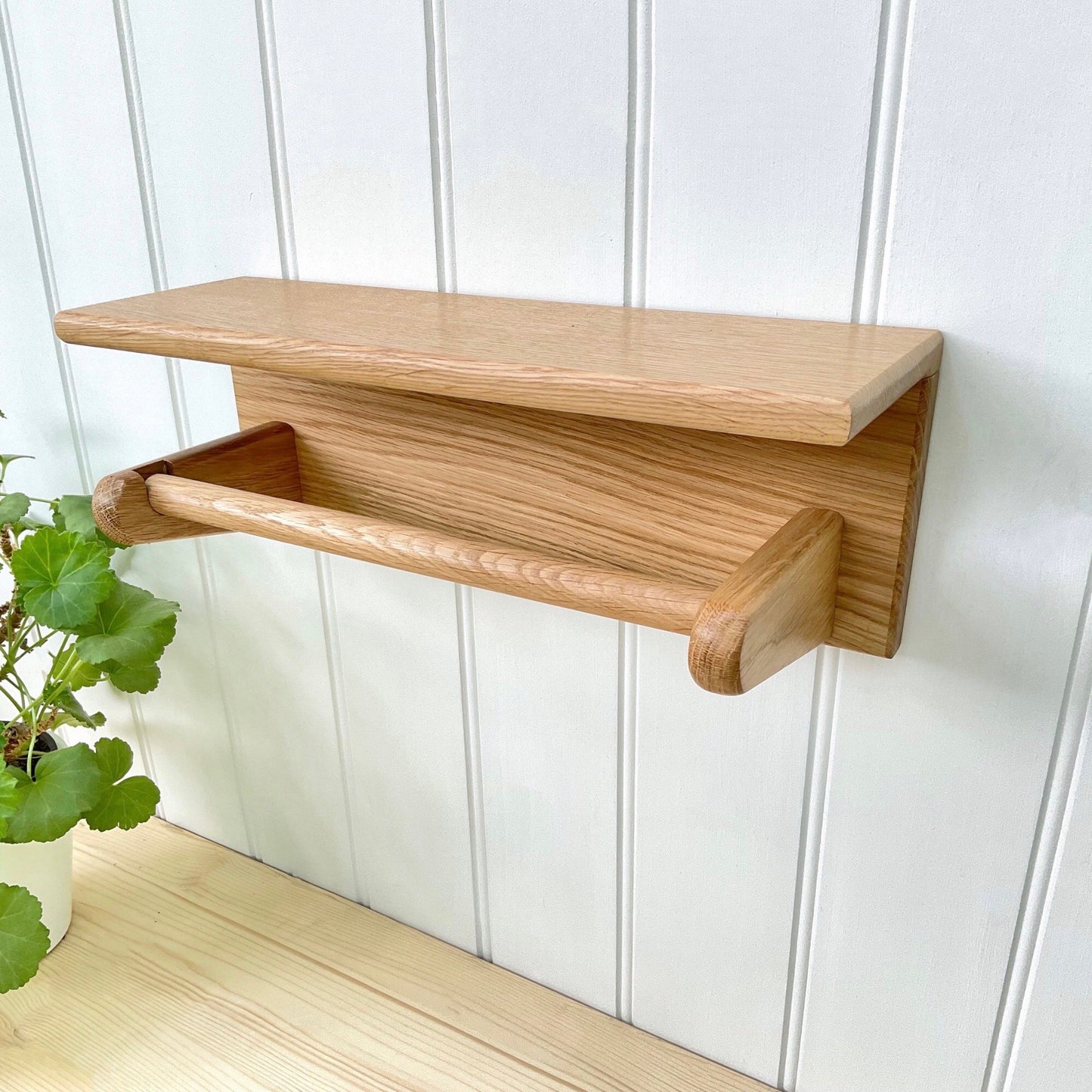 Handmade oak kitchen roll holder with handy shelf