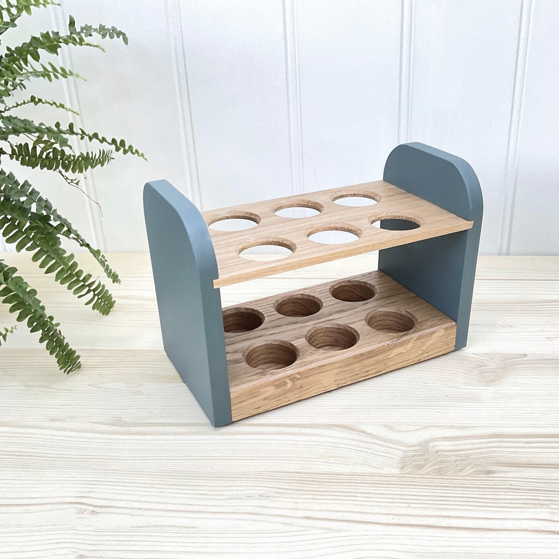 Kitchen egg holder in oak with blue painted ends