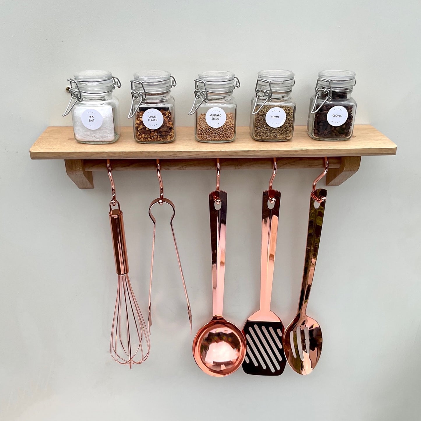 Kitchen Utensil Rail with Shelf, Wall Mounted in Oak