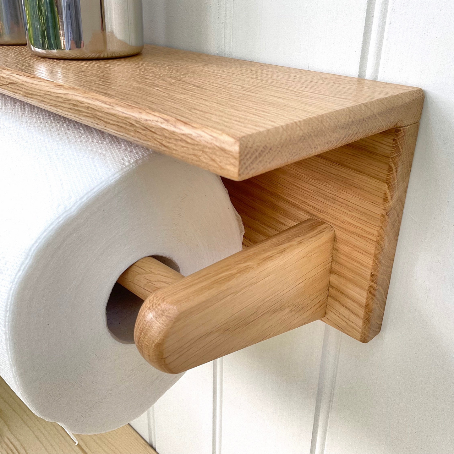 Wall mounted oak kitchen roll holder with oak shelf