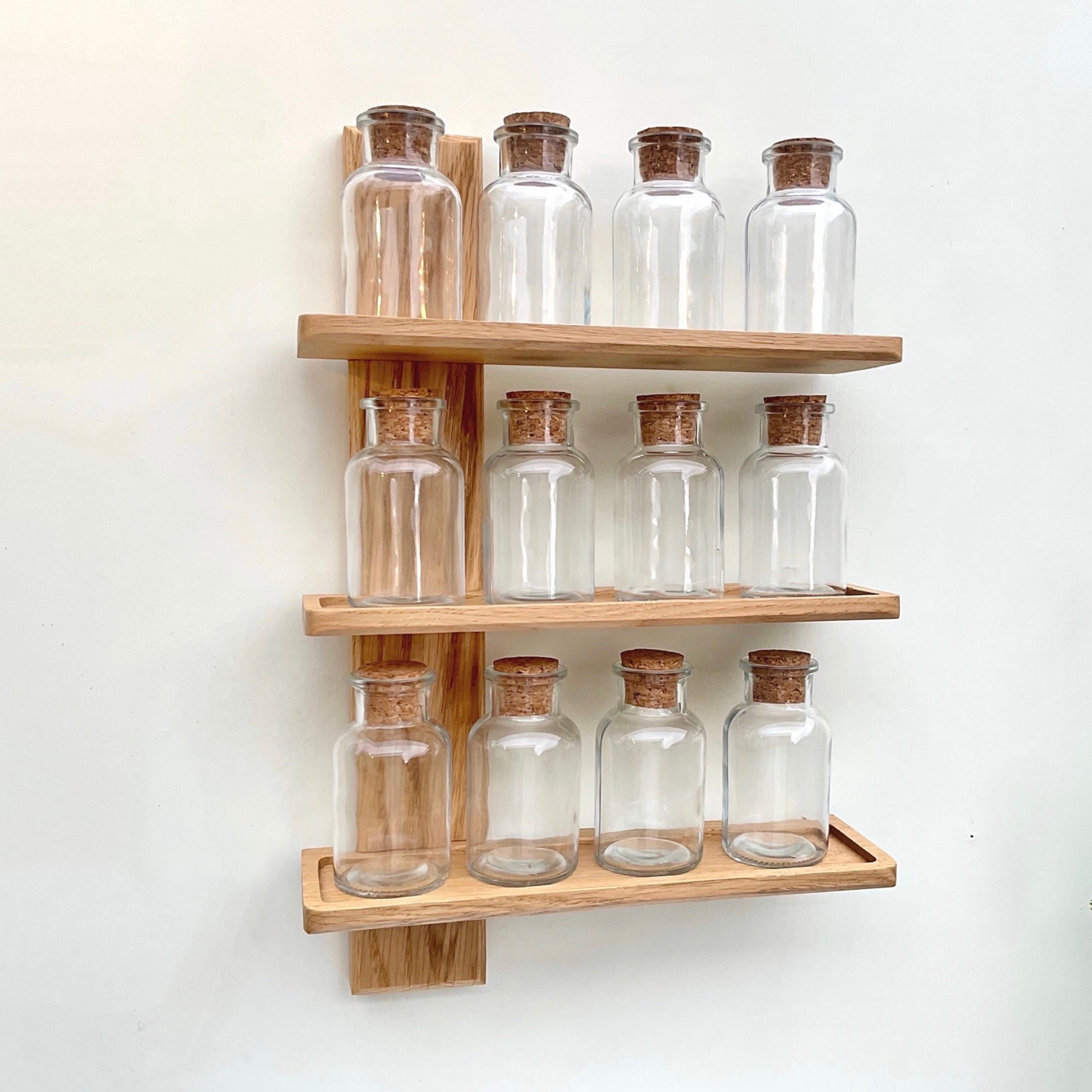 Oak Spice Rack with Round Spice Jars with Cork Lids