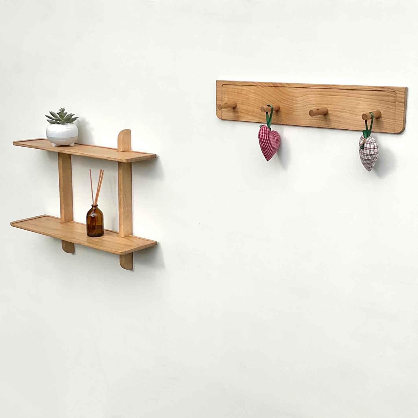 Double oak wall shelf with matching solid oak peg rail