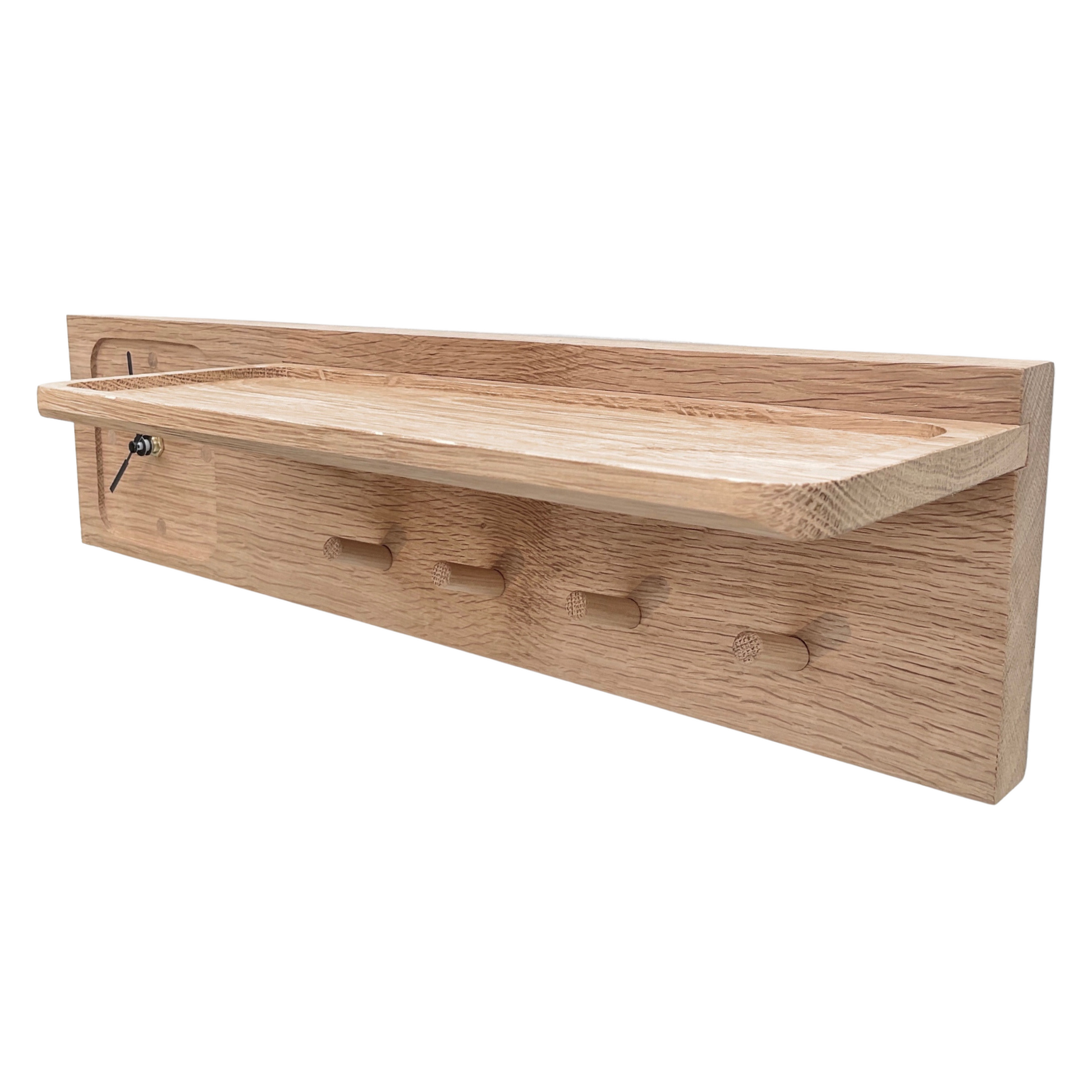 Oak peg rack for keys, coats, dog leads with handy shelf and wall clock