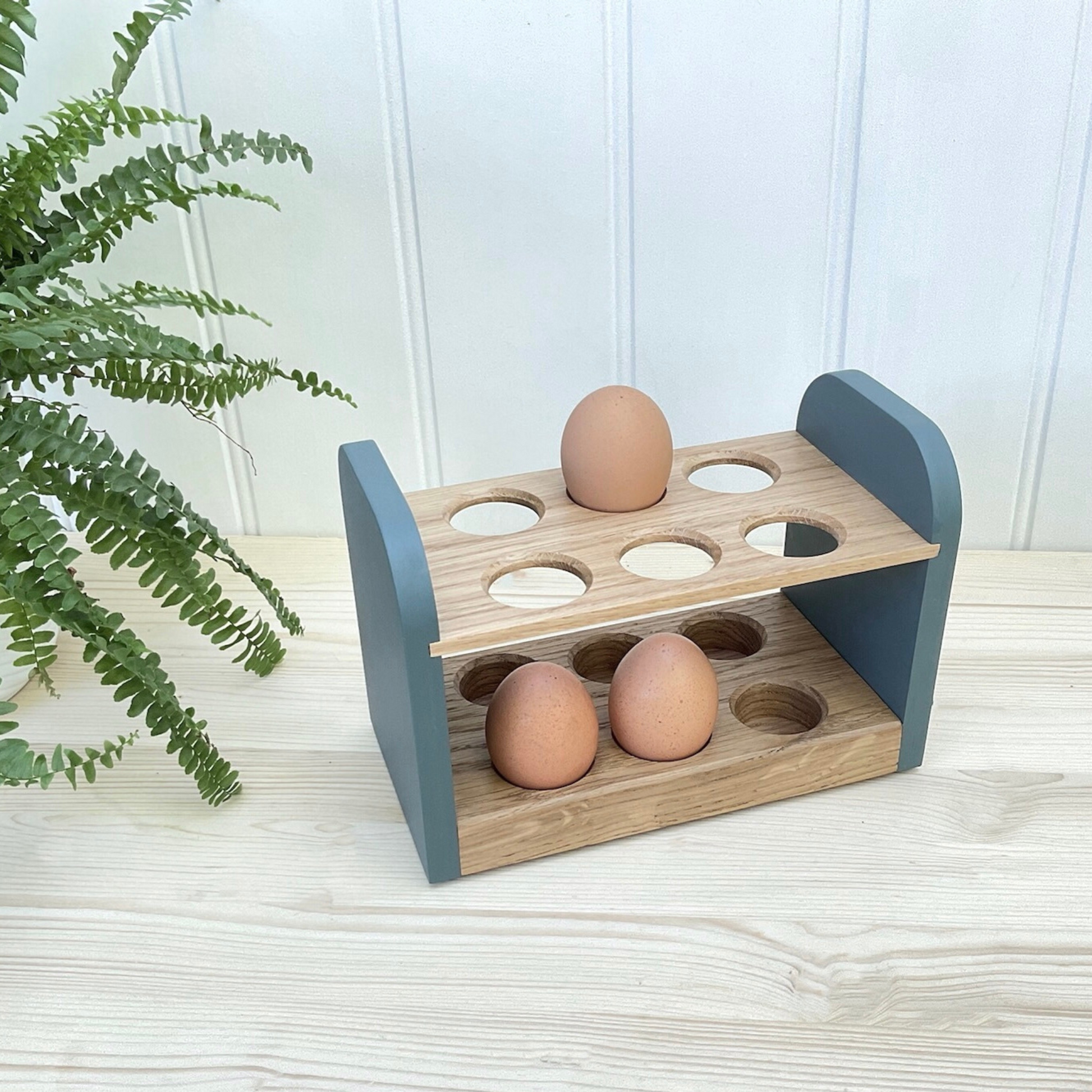 Handmade oak egg rack in blue