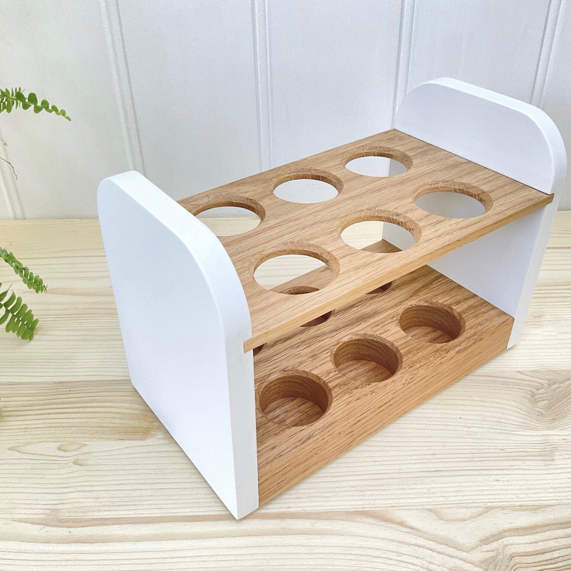 Handmade oak egg rack in white