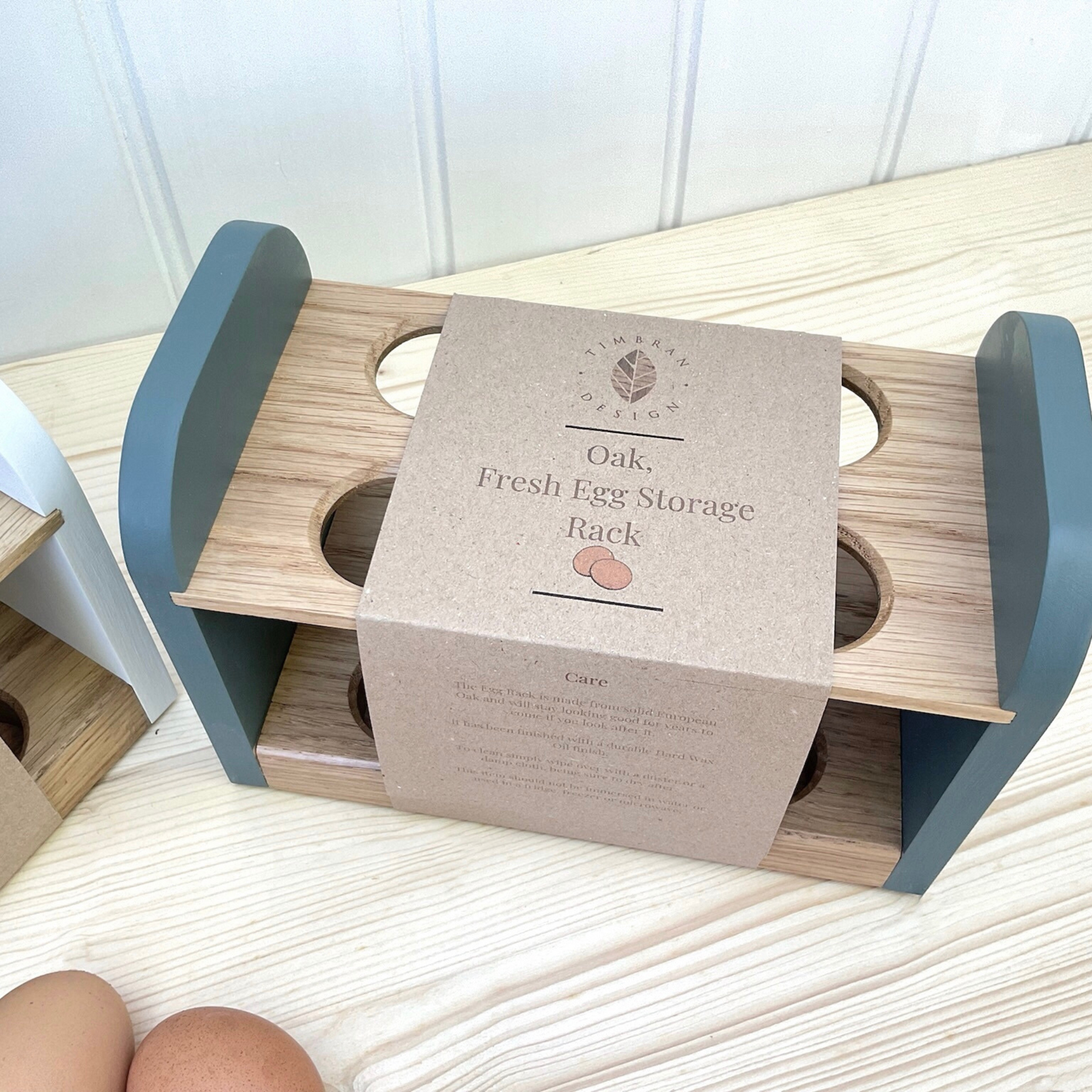 Handmade oak egg rack including packaging