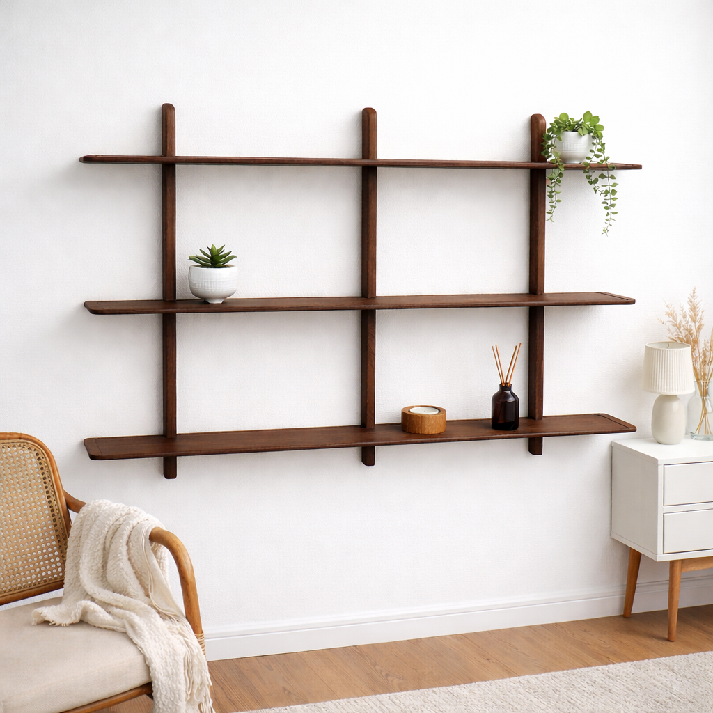 Large Oak Triple Wall Shelf Unit in Walnut 120cm wide