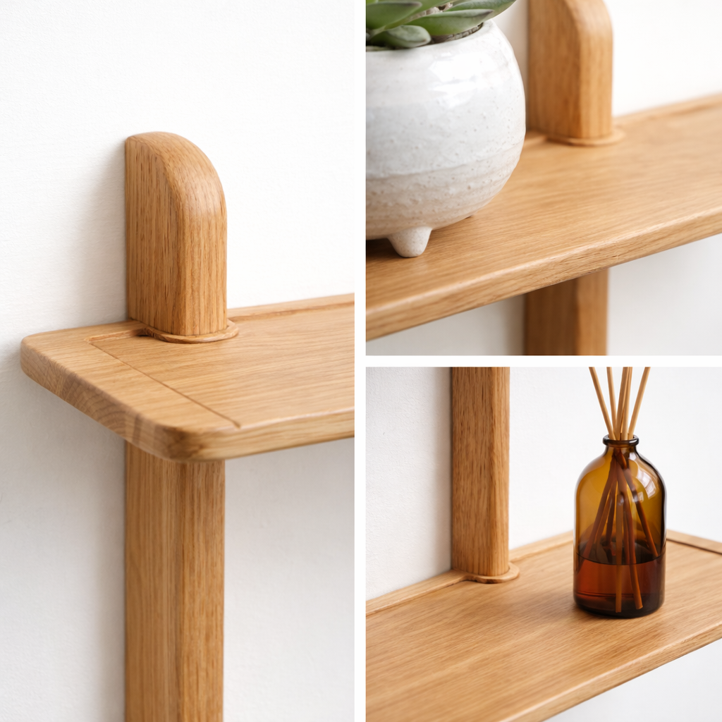Close up detail of our oak double wall shelf