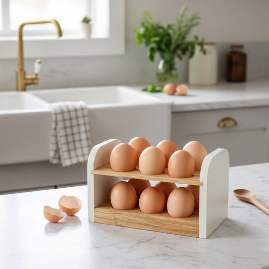 Egg Holder for Countertop in Oak with Painted Ends, Holds up to 12 Fresh Eggs.