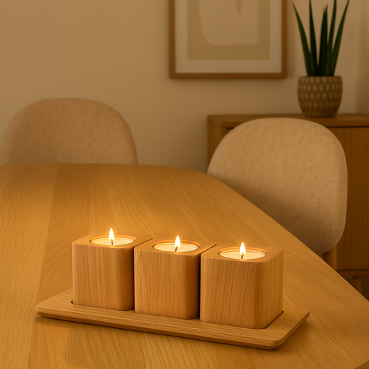 Set of three solid oak tea light holders with oak tray