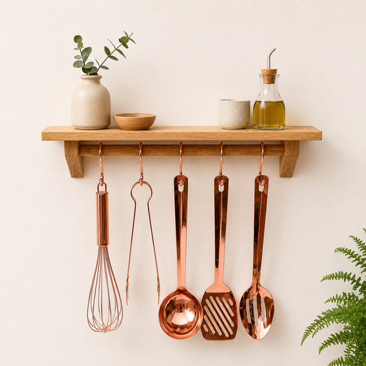 Kitchen Utensil hanging Rail with Shelf, Wall Mounted in Solid Oak