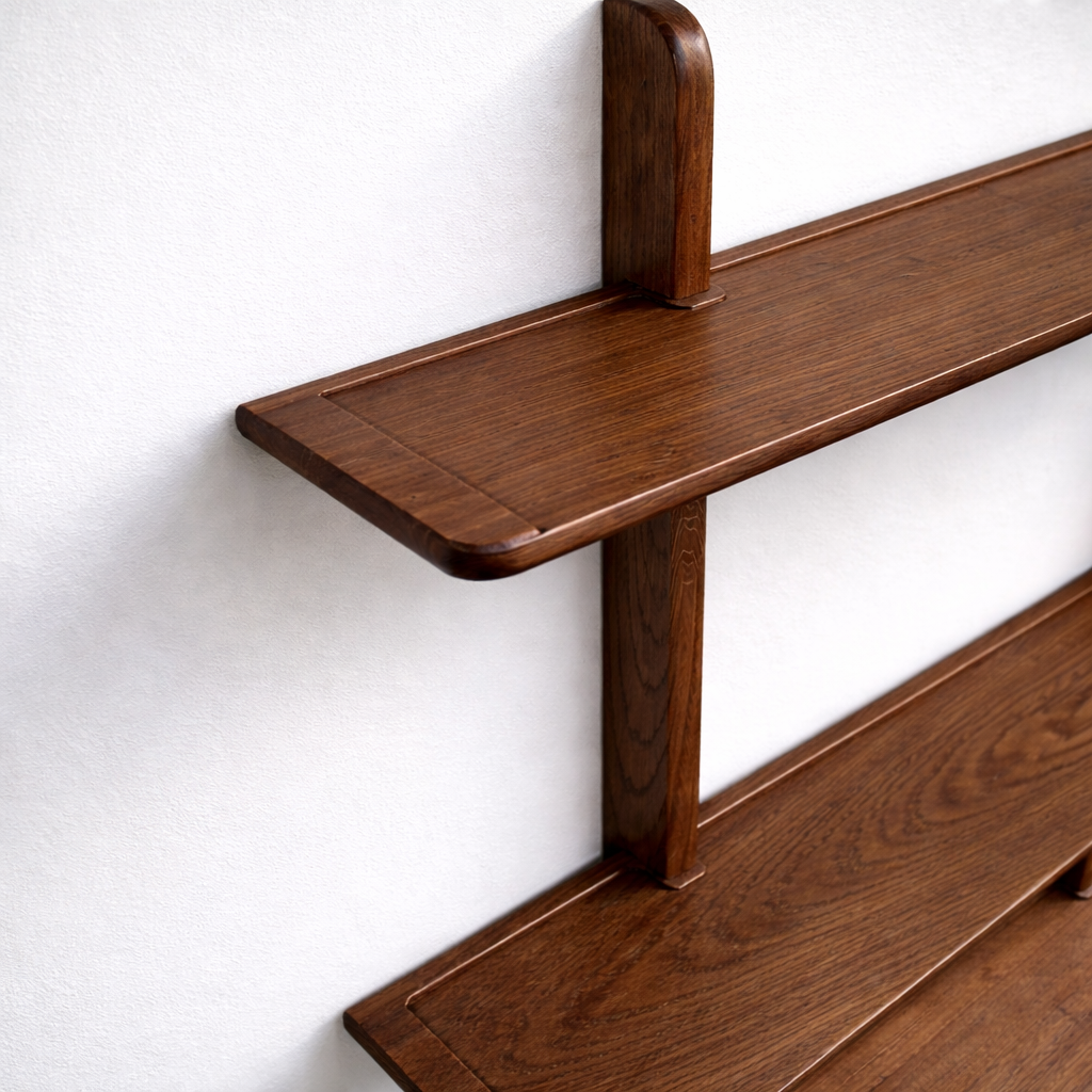 Large Oak Triple Wall Shelf Unit in Walnut Close up Detail