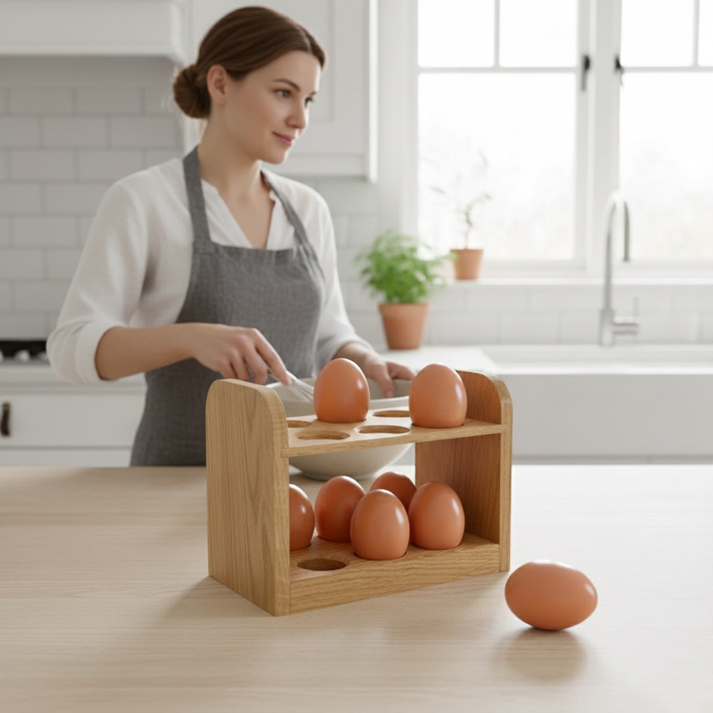 Egg Storage Holder for Countertop in Oak for 12 Fresh Eggs