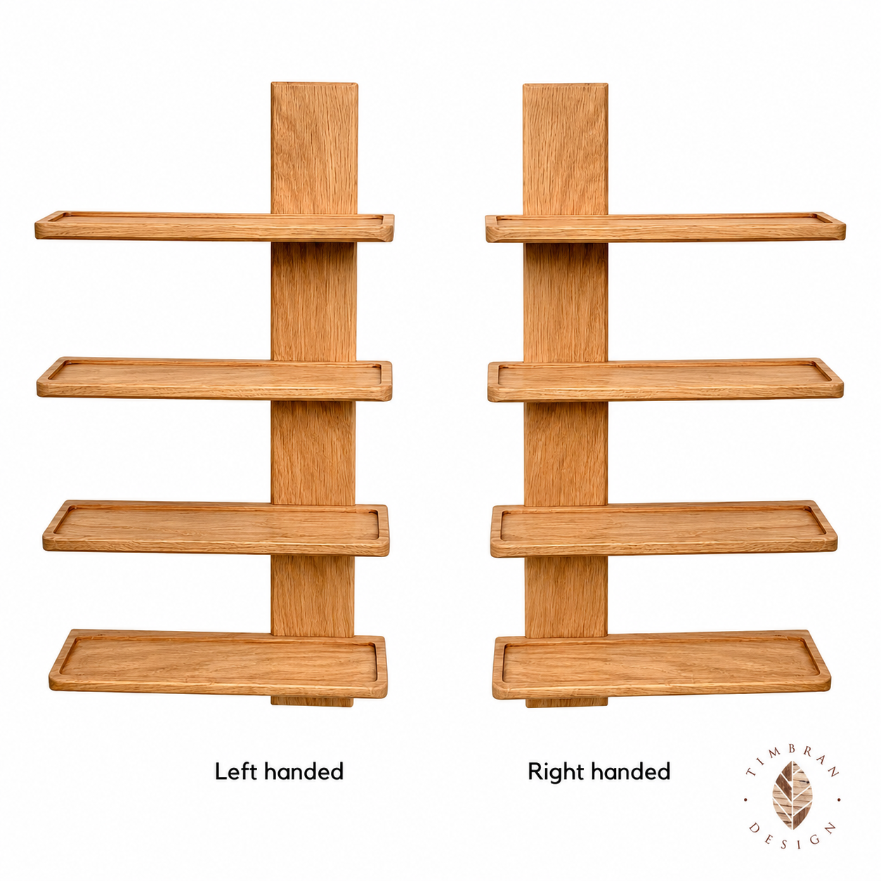 Oak Spice Rack, Wall Mounted with Four Shelves. Available Left or Right Handed