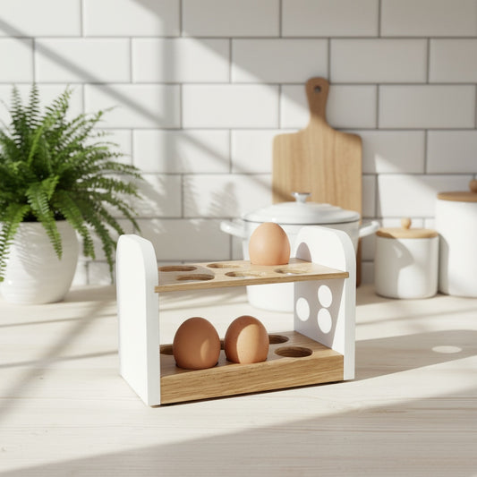 Egg Storage Rack for Countertop in Oak with White Sides. Holds 12 Fresh Eggs.