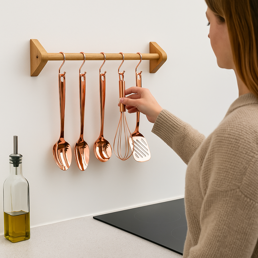 Oak wall mounted kitchen utensil rail in