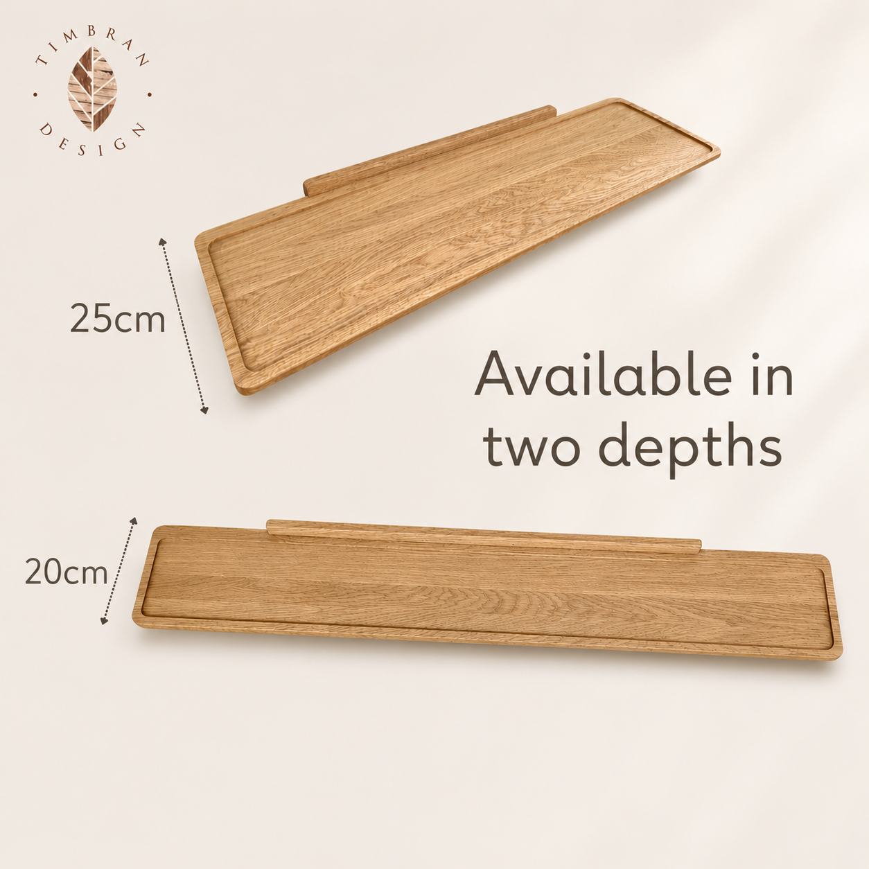 Oak wall shelves come in two depths 20cm and 25cm