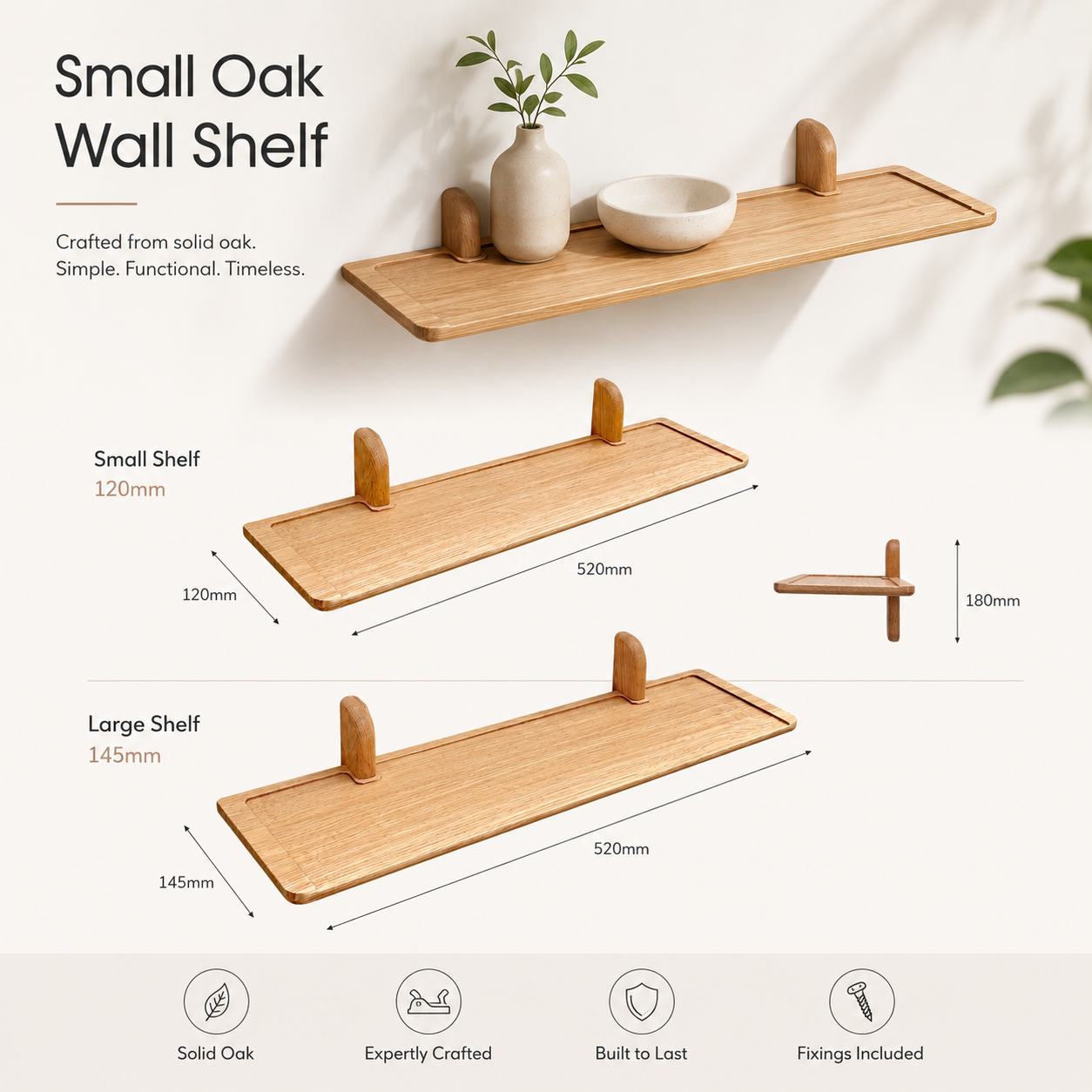 Small solid oak wall shelf available in two depths 14.5cm and 12cm