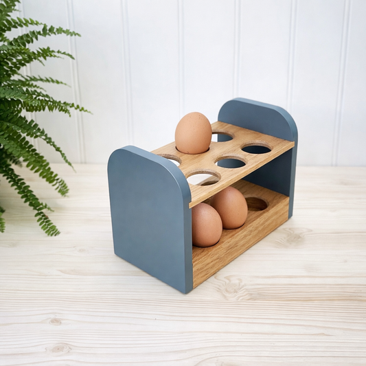 Egg Storage Rack for Countertop in Oak with Blue Painted Ends. Holds 12 Fresh Eggs.