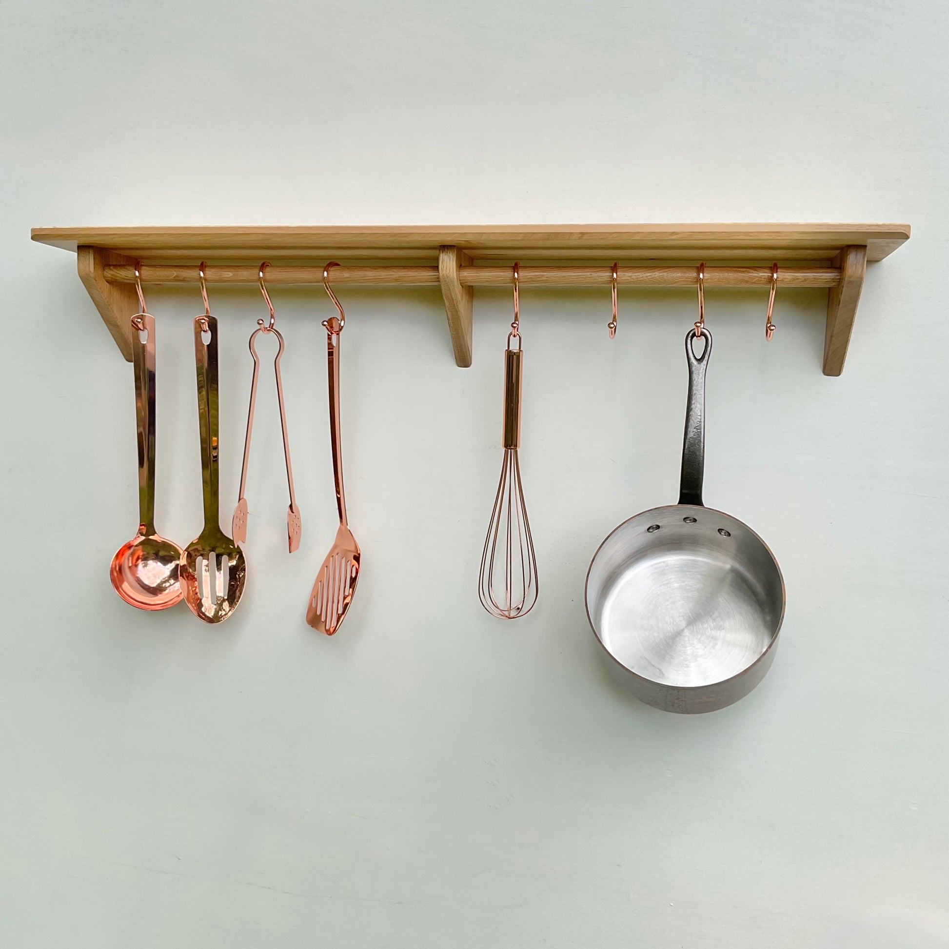 Oak kitchen utensil and pan hanging rack with shelf in solid oak