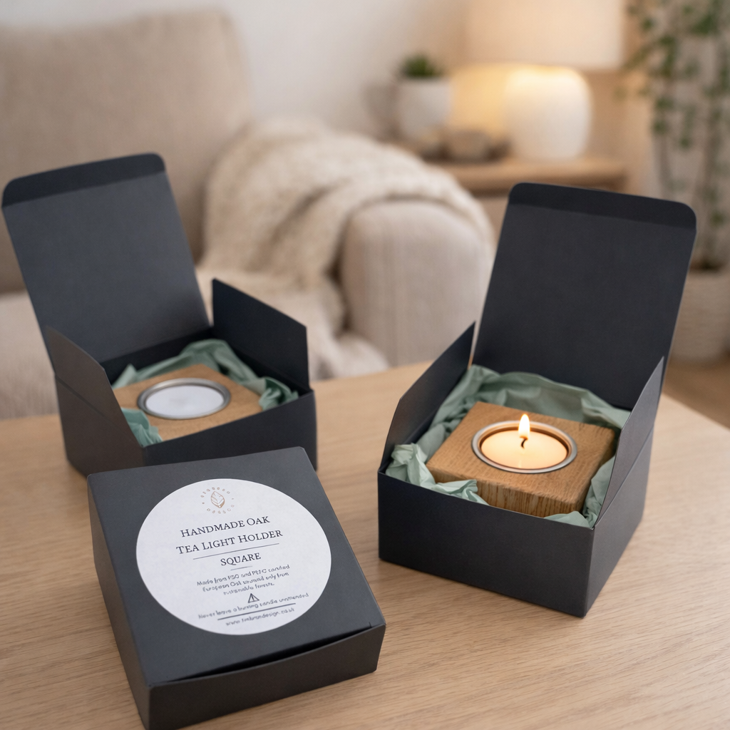 Solid oak square tea light holder with gift packaging 