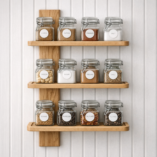 Oak Spice Rack, Wall Mounted with Three Shelves.