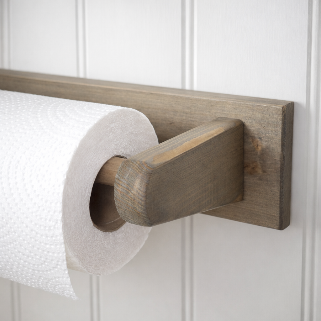 Detail of the wooden driftwood kitchen roll holder