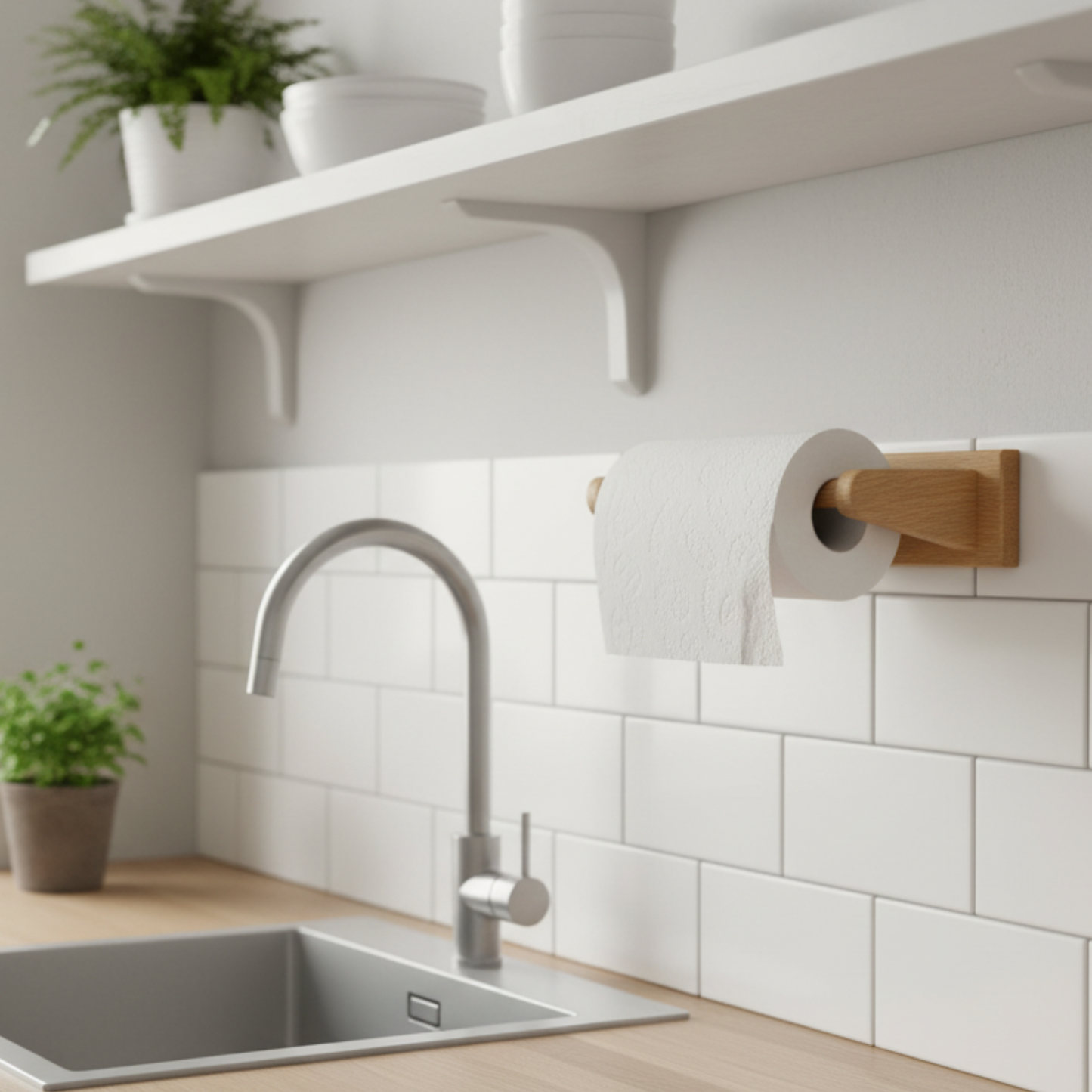 Oak wall mounted kitchen roll holder on
