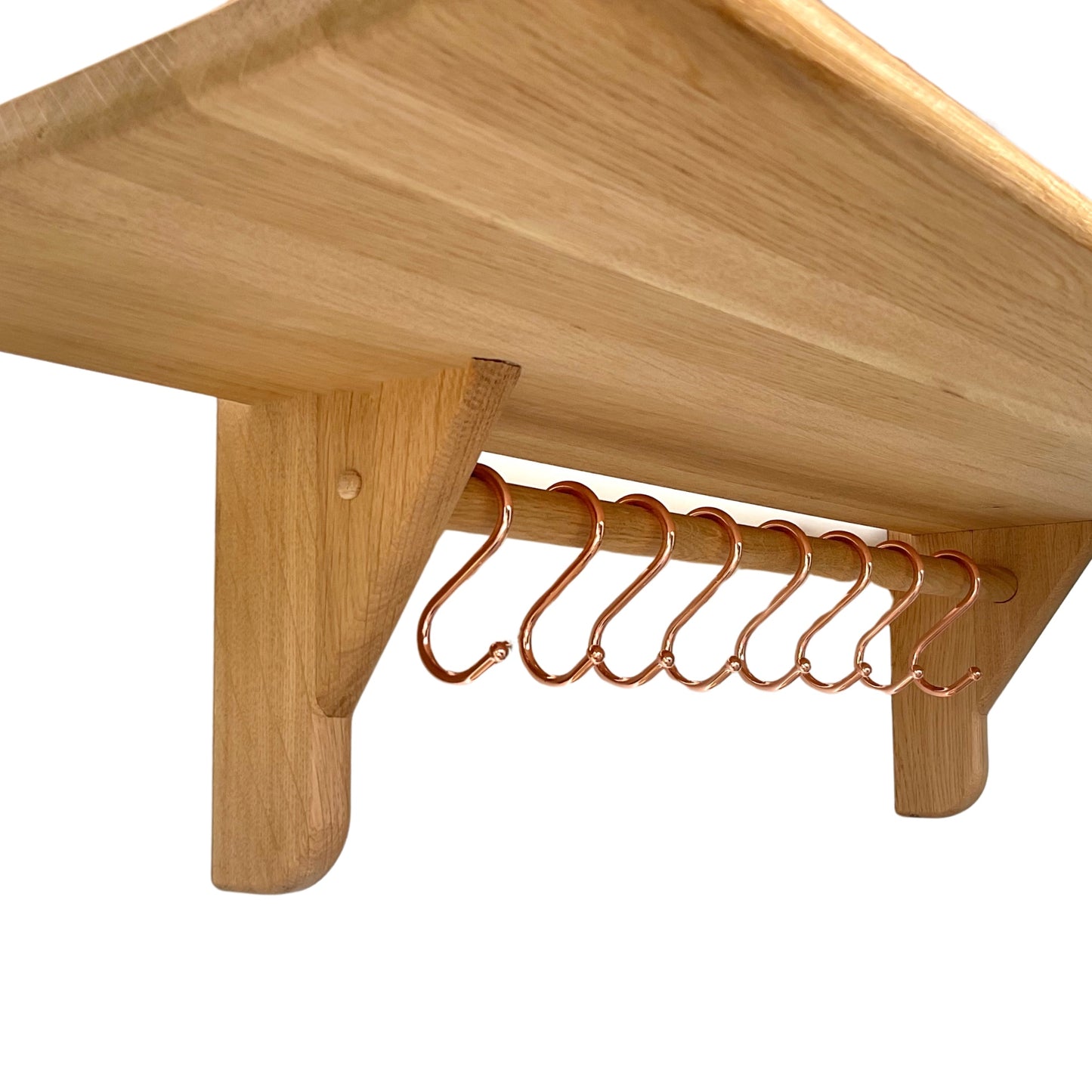 Oak Double Kitchen Wall Shelf with Utensil Hanging Rail and Copper Hooks