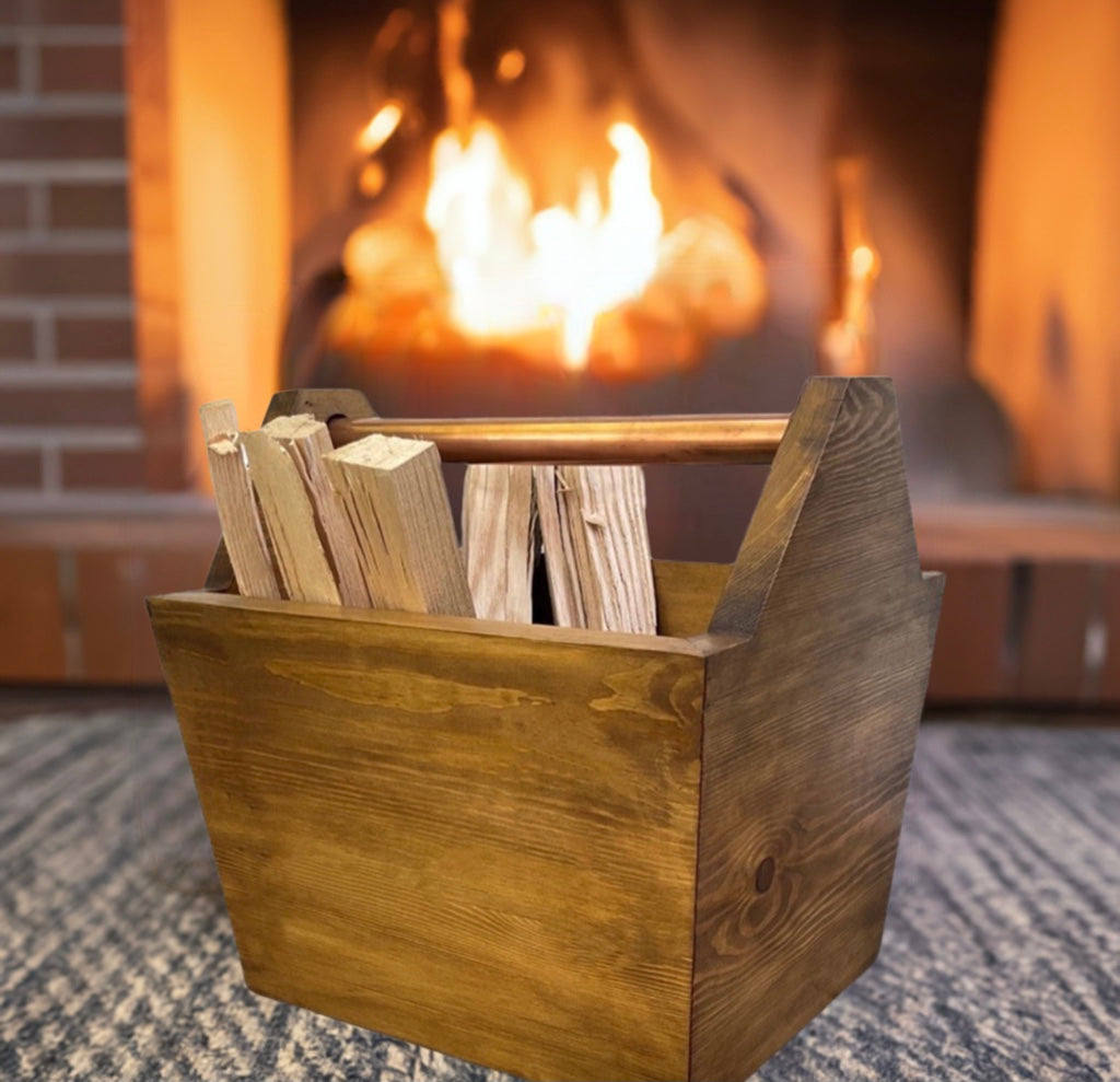 Fireside kindling storage box with copper handle