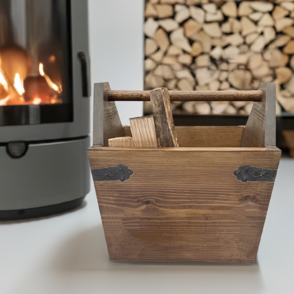 Fireside kindling storage box with oak handle