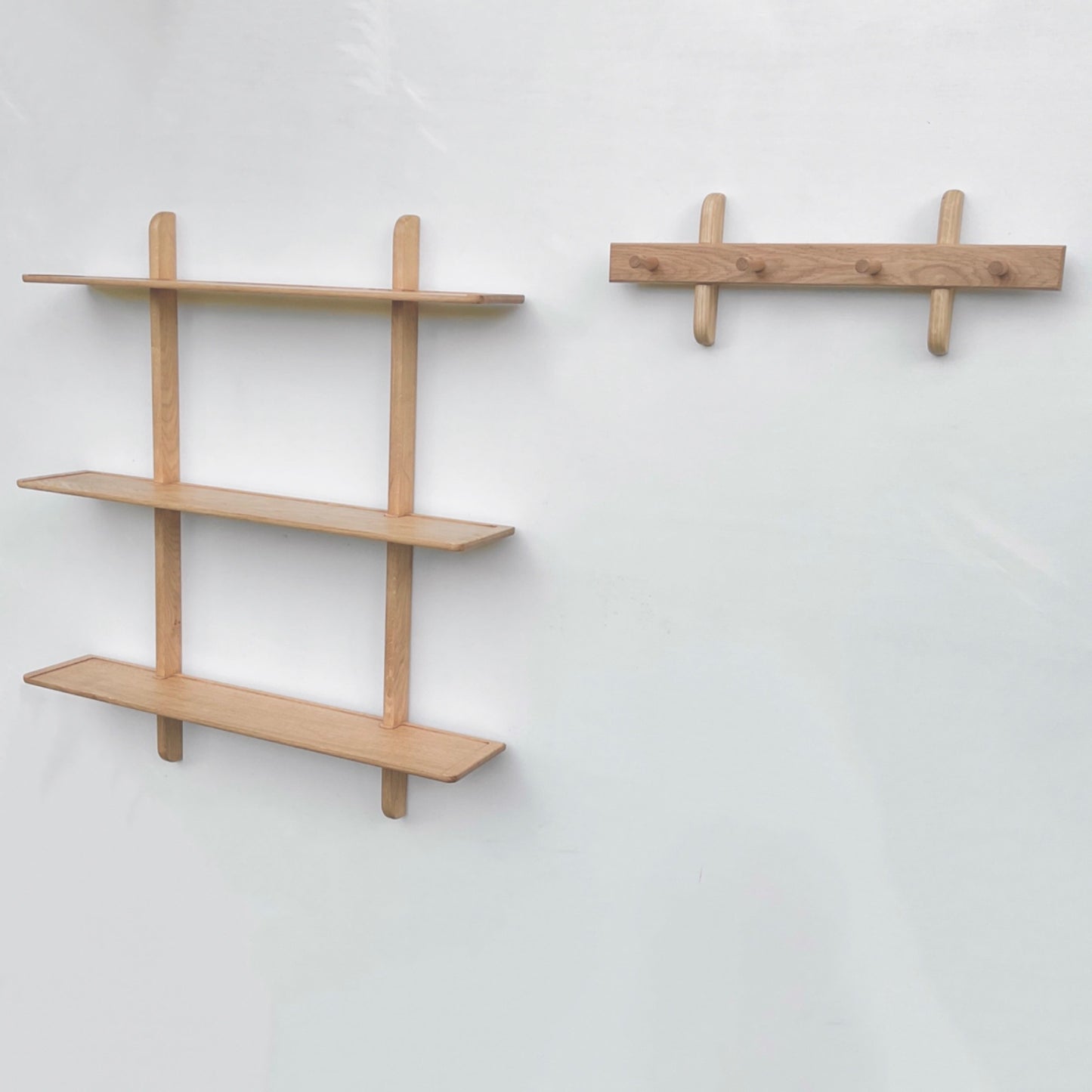 Triple oak shelf unit with matching peg rail / coat rack