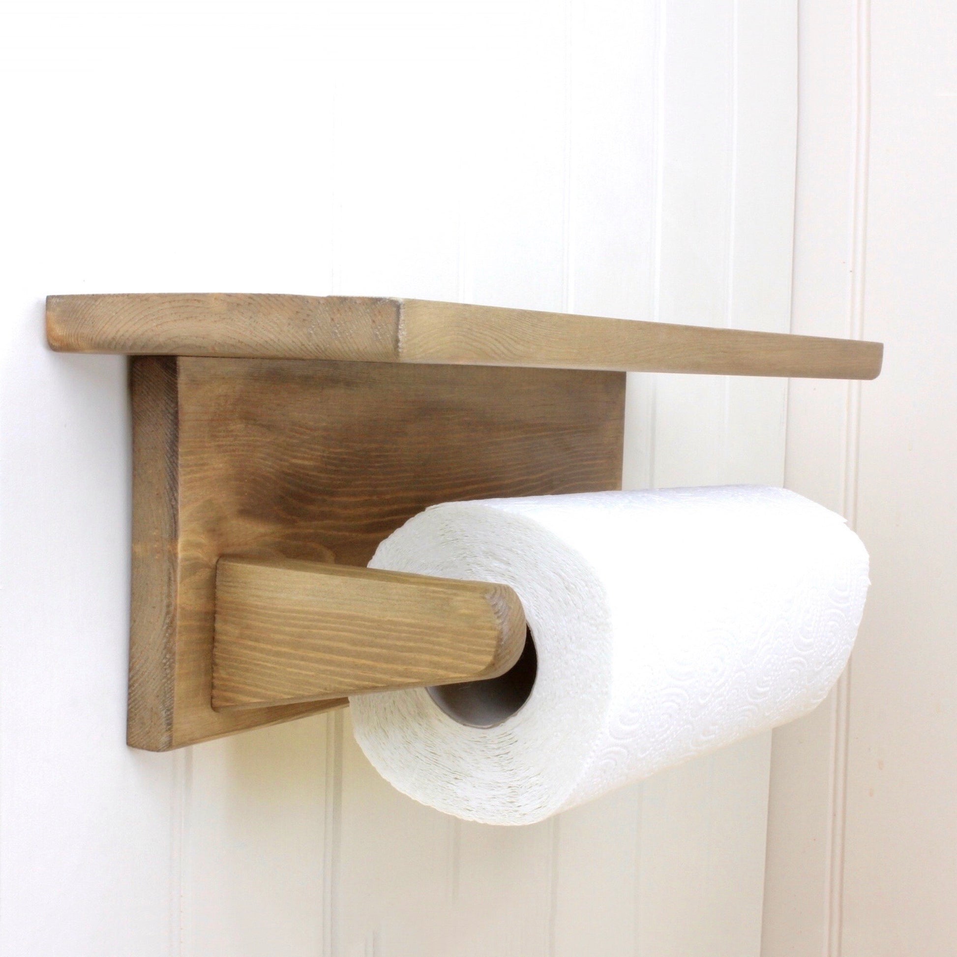 Pine wall mounted kitchen roll holder with shelf