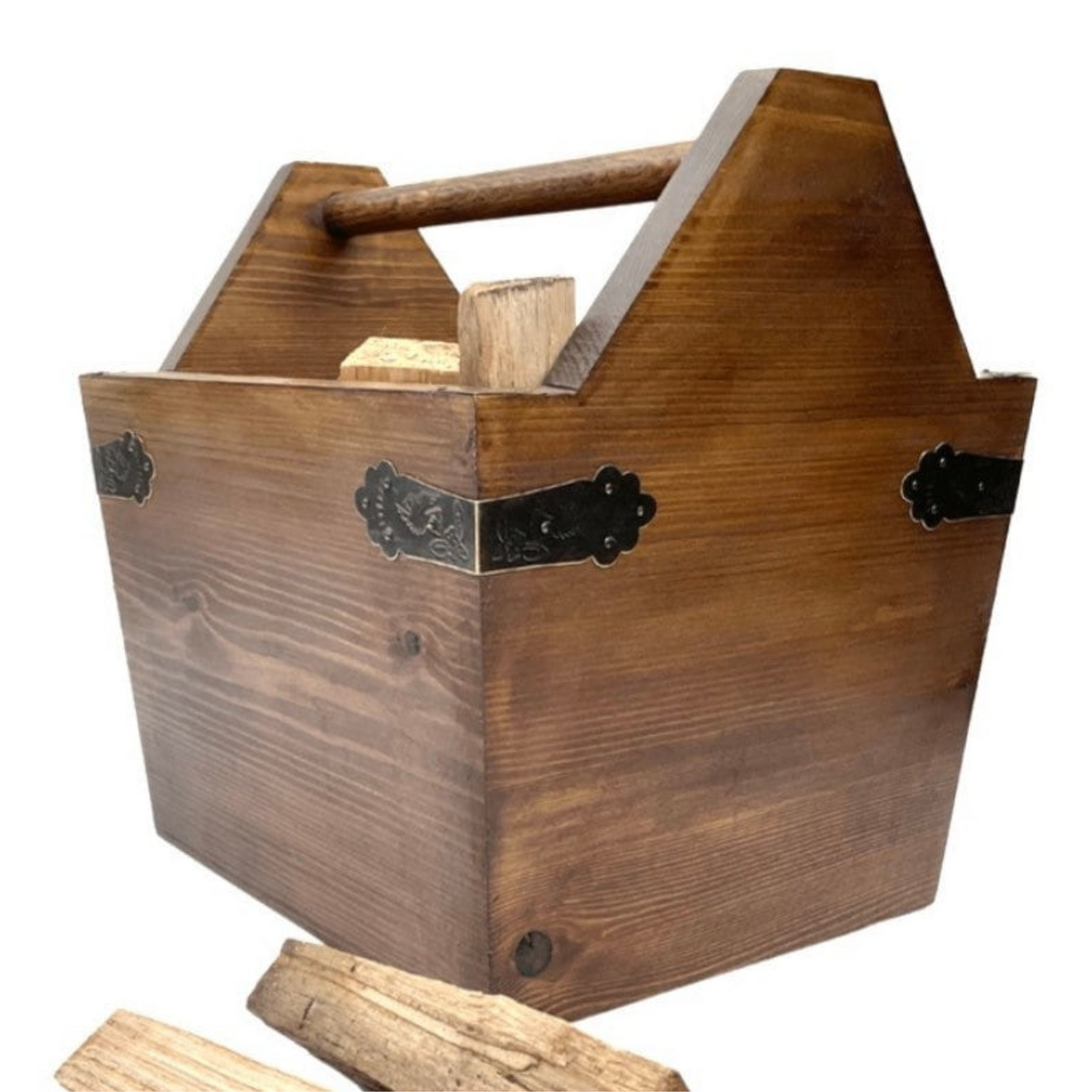 Kindling storage box with oak handle